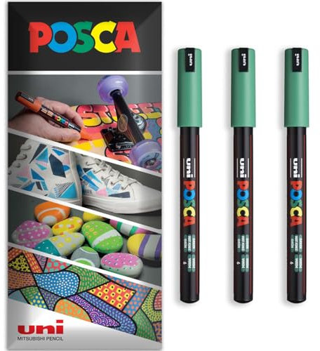 Posca - Water Based Permanent Marker Paint Pen - Multi Surface Use - PC-1MR - Pack of 3 Pens in Wallet (Green)
