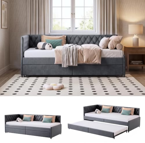 Schlafsofa für Doppelbett, ausziehbar, 90/180 x 200 cm, Doppelschlafsofa, 2-Sitzer, Gästebett, Tagesbett, ausziehbar, multifunktionales Sofa,ohne Matratze (Grau + Samt, 90/180 x 200 cm)