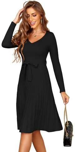 Zeagoo Strickkleid Damen Pulloverkleid V-Ausschnitt Langarm Herbstkleid Winter Elegant Tunika Kleid A-Linie Plissee Kleider mit Gürtel Schwarz M