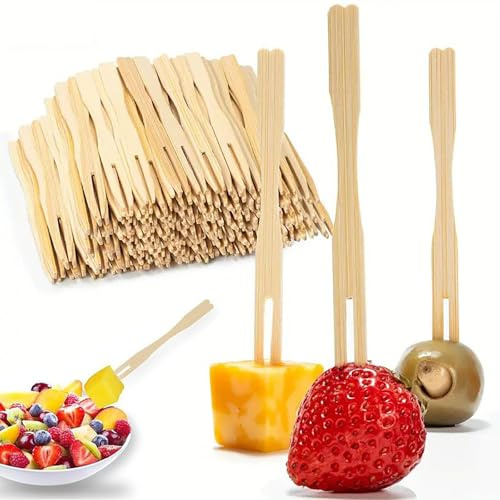 Forchetta in Bambù,400Pcs Forchette di Legno Forchette da Frutta a Due Denti da Cocktail Bamboo Cocktail Forks per Feste, Buffet, Banchetti, Catering e Vita Quotidiana