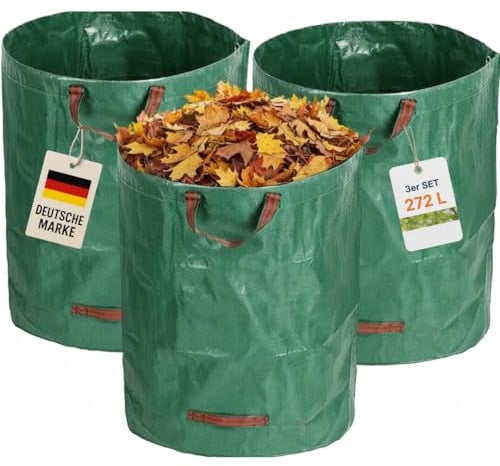 3x Gartensack 272L – Extra Stabil & Selbststehend – Faltbarer Laubsack, Abfallsack für Gartenabfälle, Laub, Gras, Hecken – Robuster 3er Set Gartensack