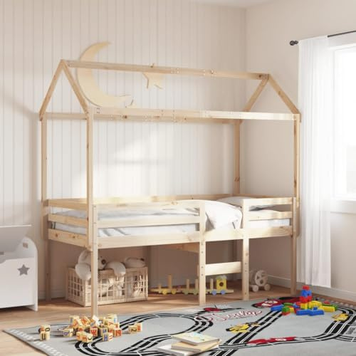 Teenpull Hochbett mit Dach 90x200 cm aus unbehandeltem Massivholz Kiefer, Stabiler Unterbau mit integriertem Bettrahmen für Schlafplattform, sicheres Bett und platzsparendes Möbelstück im