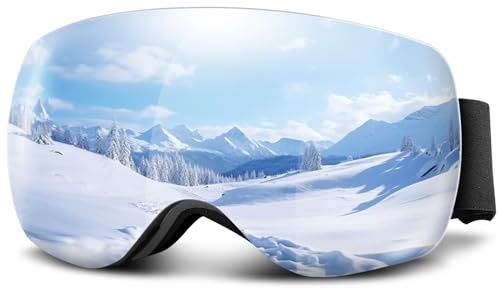 Tekwet Ski Brille Herren Damen Silber,Anti-Fog Anti-Beschlag Linse mit UV-Schutz,Helmkompatible Verspiegelte,Schutzbrille für Brillenträger für Skifahren Wintersport