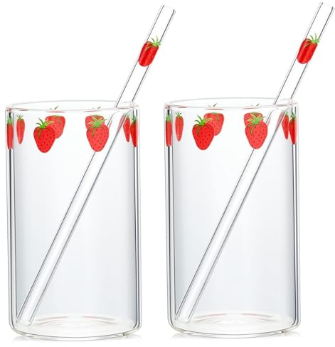 Hperu 2 Set bicchieri per fragole in vetro borosilicato alto con cannucce, bicchieri carini per donne e ragazze, multiuso per latte, succhi e