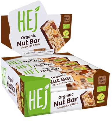 HEJ Organic Nut Bar, Chocolate & Nuts, 12 x 40 g, Bio Nussriegel, vegan | Energieriegel mit ganzen Nüssen, Low Carb Snack, vegan, glutenfrei, ohne Zuckerzusatz & künstliche Aromen, HEJ Bite