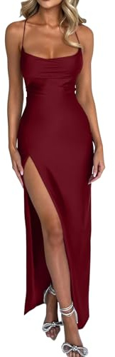 Memoriesea Women's Sexy Spaghetti Strap Bodycon Cowl Neck Party Cocktail Maxi Dress Burgundy