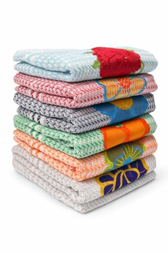 Genérico Paños de Cocina con Diseños Florales, 100% Algodón, Pack de 6, Toallas de Cocina Decorativas Blancas con Bordados Coloridos, 50x70 cm, Absorbentes para Limpieza del Hogar