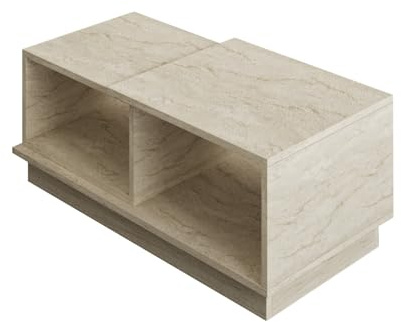 Hanah Home Modern Coffee Table with Shelves, Travertine Color, 90 x 36 x 45 cm | 100% Melamine Coated Particle Board, 18 mm Thick | Stylish & Functional Storage Solution