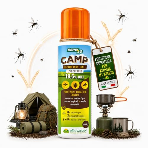 Albagarden – Repellente Antizanzare e Anti Zecche REPELLO CAMP DEET 19,5% Spray 100 ml | Protezione Fino a 8 Ore Contro Zanzare, Moscerini Neri e Zecche