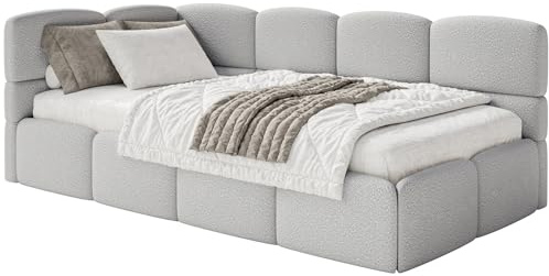Selsey Jugendbett 120x200cm Hellgrau Bouclé Stoff mit Stauraum und Lattenrost, gepolstertes Polsterbett mit Bettkasten, Jugendbett linksseitig mit Eckkopfteil, Bett 120x200 für Kinderzimmer