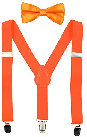 HANERDUN Unisex Hosenträger mit Fliege für Jungen und Mädchen, Befestigung mit drei Kleiderclipse am Hosenbund möglich, Orangenfarbig , Einheitsgröße