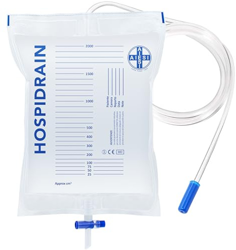 AIESI® Sacche per urina da letto 2 litri tubo 120 cm (250 pezzi) con rubinetto di scarico a croce (T) e valvola antireflusso HOSPIDRAIN