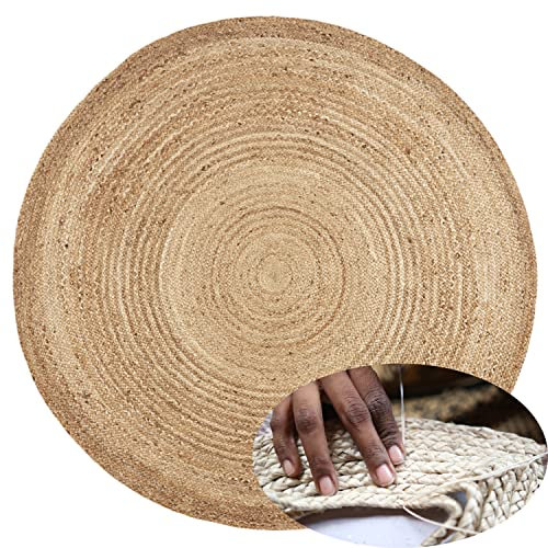 Handgewebter runder Jute Teppich 150 cm Teppich Abril Natur | Outdoor Teppiche Rund geflochten für Garten oder Balkon | Indoor im Wohnzimmer Kinderzimmer | Mediterrane Deko für Ihre Wohnung