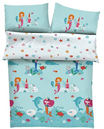 s.Oliver Kinderbettwäsche Meerjungfrau 100x135 cm - 100% Baumwolle, praktischer Reißverschluss & maschinenwaschbar, Bettwäsche für Kinder Meerjungfrauen 2tlg. bunt