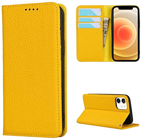 Copmob Phone Case iPhone 12 Mini,Flip Genuine Leather Wallet Case,[4 Slots][Magnetic closure][With Lanyard],Protective Cover Case for iPhone 12 Mini - Yellow