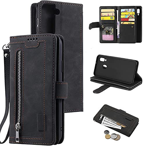 EYZUTAK Handyhülle für Samsung Galaxy A51 Hülle,Flip Case Lederhülle Reißverschluss Magnetverschluss Brieftasche mit 9 Kartenfächern Standfuntion Retro Matt Ledertasche-Schwarz