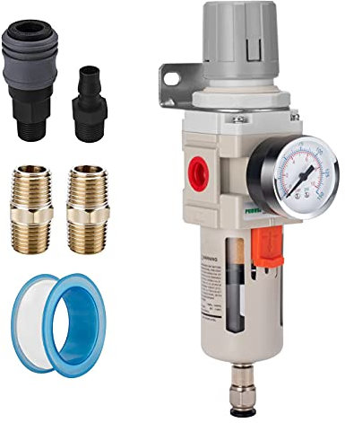 PUDUSI 3/8 NPT Compressed Air Filter Regulator Combo, Air Compressor Water Separator, Air Line Dryer, Semi-Auto Drain, 0-150 psi Gauge, 5 Micron Brass Element