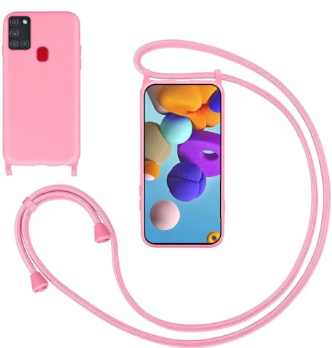 GoodcAcy Handyband für Samsung Galaxy A21S Hülle mit Band,Pink | Kameraschutz und Bildschirmschutz,Flüssig Silikon Necklace Handyhülle Schnur Schutzhülle Case für Umhängen Case mit Kordel