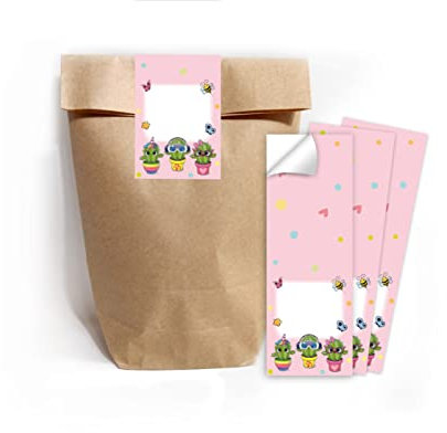 12 Geschenktüten (Natur) + 12 Aufkleber Kaktus für Mitgebsel Gastgeschenk beim Kindergeburtstag Mädchen Jungen