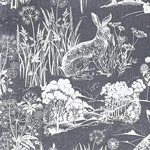 Meadow Hare Wallpaper Bunny Rabbit Navy White Floral Flower
