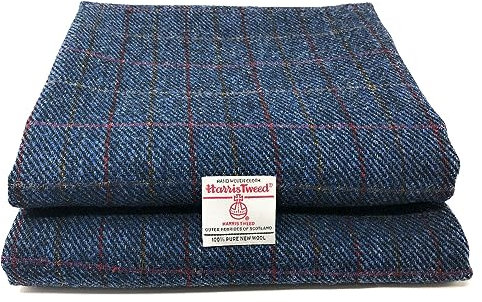 Harris Tweed Blauer Twill mit Rotem Overcheck Authentischer Traditioneller Stoff aus 100% Reiner Wolle mit Echtheitsetiketten (Blauer Twill, 100 x 150cm)