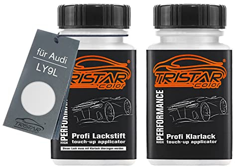 TRISTARcolor Autolack Lackstift für Audi LY9L Arkonaweiss Uni + Klarlack | Set aus Basislack + Klarlack, Lackfläschchen mit Pinsel, je 50ml