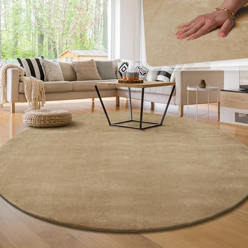 Paco Home Moderner Kuscheliger Wohnzimmer Teppich Kurzflor waschbar flauschig Weich Einfarbig Felloptik zeitlos stilvoll rutschfest pflegeleicht, Grösse:160 cm Rund, Farbe:Beige 2