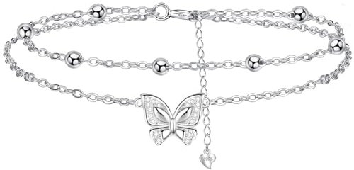 Gkmamrg Fußkettchen silber 925 damen - Schmetterling Layered Fußkette - Sommer Barfuß Strand Fusskette - verstellbare 22+4cm