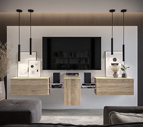 Furnitech Wohnwand Wohnzimmer | Wohnzimmer Möbel mit LED Blau | Hängend Wohnwand Modern | Wohnzimmer Schrankwand mit Regale und TV Schrank (AN98-2S-M5-1A)