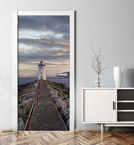 MyMaxxi - Tür bekleben mit Türtapete Türposter Türfolie Selbstklebend 90x200 Steinsteg zum Leuchtturm mit Meerblick - Tür verschönern ? Türaufkleber Türposter Türklebefolie Ozean Meer blau