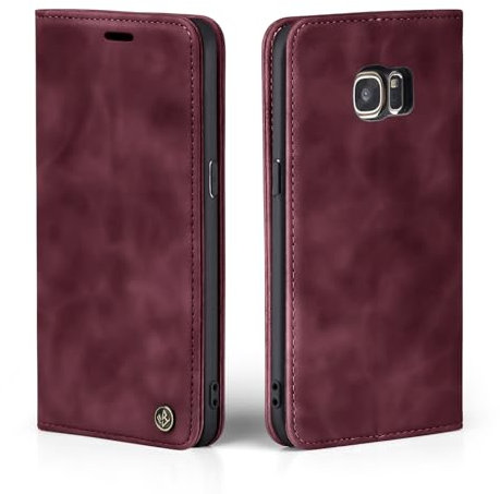LBH Handyhülle für Samsung Galaxy S7 Edge in Weinrot mit Karten- und Geldfach Smartphone Hülle mit Standfunktion Flip Case Schutzhülle Magnetverschluss Vintage