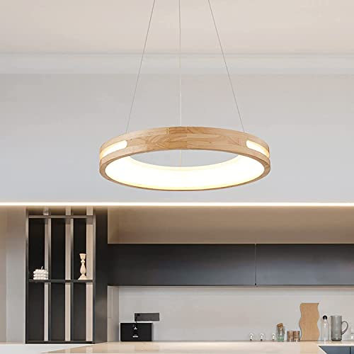 LED Pendelleuchte Holz, Esstisch Dimmbar Hängelampe mit Fernbedienung, Modern Ring Design hängelampe aus holz Höhenverstellbar Esszimmer Holzlampe Arbeitszimmer Wohnzimmer Küche Hängeleuchte (D)
