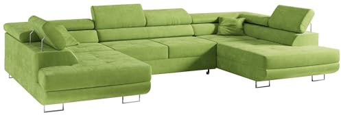 MKS MEBLE Sofa Grün Wohnzimmer - Wohnlandschaft - U-Form Couch mit Schlaffunktion - Schlafsofa mit Bettkasten - Wohnzimmer U Couch - Polstersofa mit Bettkasten - Gustaw U Hellgrün Kronos