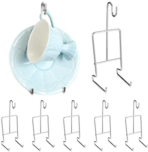 8 Pieces Tea Cup and Saucer Display Stand Holder Rack Metal Cup Saucer Holder Tea Cup Holder Display Coffee Mug Organizer for Plate Teapot, 6.22 x 2.44 Inches (Silver, Classic Style)