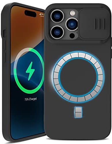 imluckies Magnetic Silicone case for 6.1 iPhone 14 Pro with Slide Camera Cover, Built-in Magnets Support, for Magsafe Faster Charging, Premium Liquid Silicone Phone Cover (2022) - Black