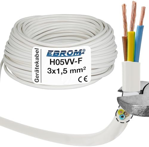 EBROM Tubo Flessibile in Plastica Rotondo, Cavo di Alimentazione H05VV-F 3 x 1,5 mm² 3G1,5 mm2 - Bianco - Lunghezze da 5 a 150 Metri