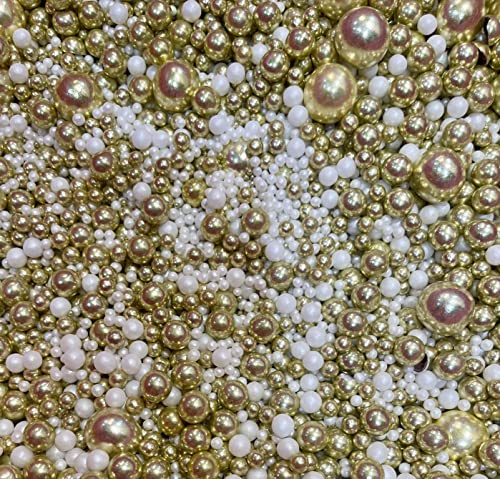 Metallic/Shimmer Balls Edible Cupcake Cake Topper Sprinkles (35g Pouch) (White & Gold) (90g)