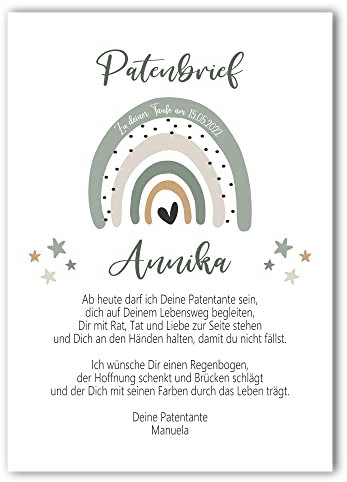 Taufgeschenk Kunstdruck | Taufe Poster | personalisiert | Patenbrief Patenkind | Regenbogen | Junge oder Mädchen (Grün)