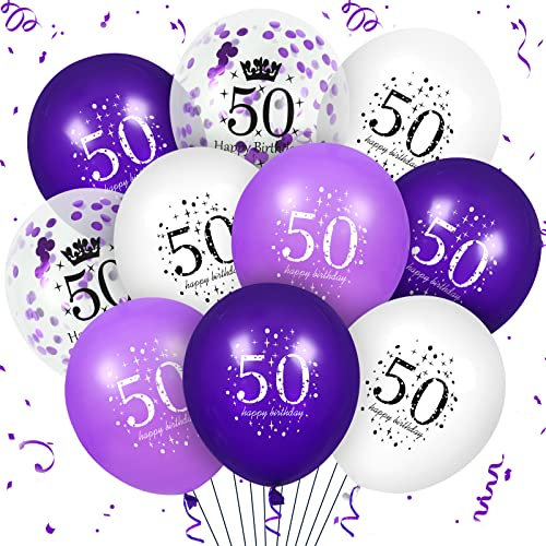 50th lila Geburtstag Ballons Dekorationen, 16PCS lila weiß Happy 50th Geburtstag Konfetti Latex Ballons für Frauen Männer Happy Birthday Party Hochzeitstag Indoor Outdoor Party Supplies, 12 Zoll