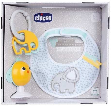 Chicco Mahlzeiten Geschenk-Set Dou Dou, Set bestehend aus Lätzchen, Hochstuhlspielzeug mit Saugnapf in niedlicher Kükenform, mit Zwei bunten Rasseln, leicht zu greifen ab 6 Monaten