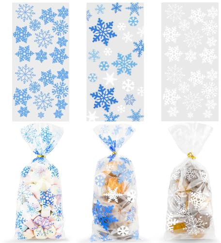 120 Stück Schneeflocke Weihnachten Plätzchentüten, Weihnachten Süßigkeiten Tüten mit 200 Twist Krawatten, Dreifarbig Schneeflocke Tasche, Blau Weiß Cellophantüten für Süßigkeiten Bonbons Plätzchen