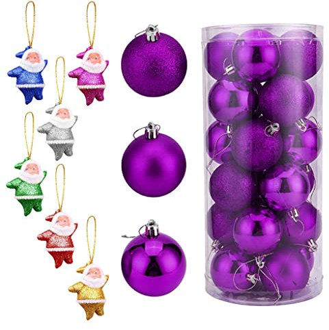Kunststoff Weihnachtskugeln Set mit Aufhängen 24 x Weihnachtskugeln, Party-Weihnachtsbaumschmuck, hängende Verzierung + 6 x Weihnachtsmann Baumschmuck Weihnachten Weihnachtskugeln (Purple, One Size)