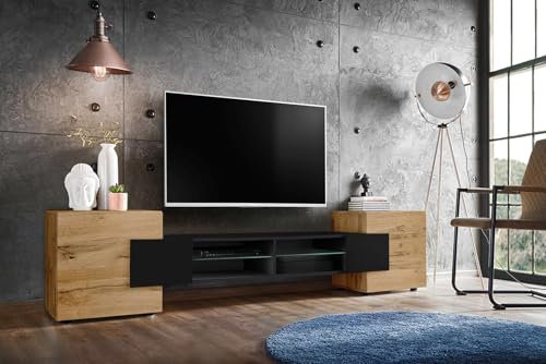 Komodee, Meuble Banc TV Merano, Wotan Noir Wotan, Largeur 230 cm x Hauteur 52,5 cm x Profondeur 35 cm, sans LED, pour Salon, Chambre