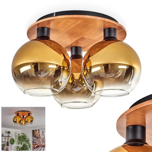 HOFSTEIN Deckenleuchte Koyoto, Deckenlampe aus Metall/Holz/Glas in Schwarz/Natur/Goldfarben/Klar, Leuchte im Retro/Vintage-Design mit Schirmen aus Glas (Ø 20 cm), 3 x E27, ohne Leuchtmittel