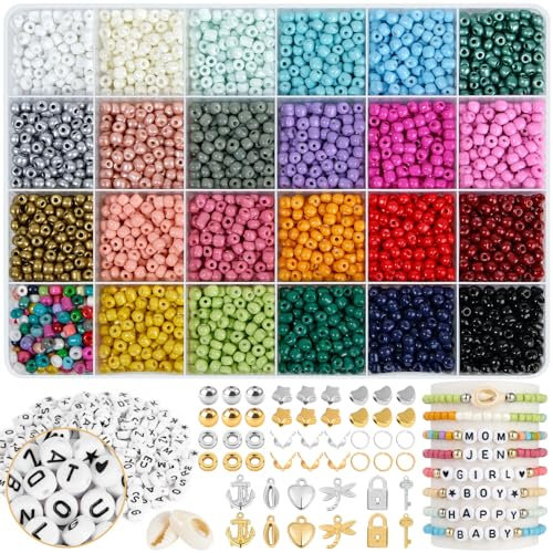 Warehouse 4 MM Perlen für Armbänder,3500 Stück Perlen zum Auffädeln,Armbänder Selber Machen mit 300 Buchstaben Perlen für Schmuckherstellung, Rocailles Perlen Set