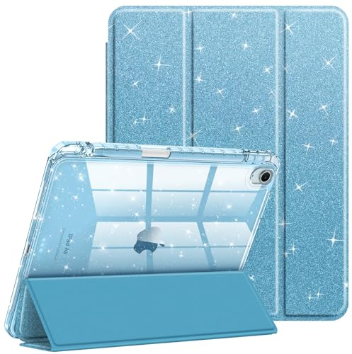 Fintie Glitzer Hülle für iPad Air 11 Zoll, iPad Air 5./4. Generation 10,9 | dünne stoßfeste Schutzhülle mit Stifthalter, glänzend durchsichtiger Rückseite, Auto-Sleep/Wake & Standfunktion, Blau