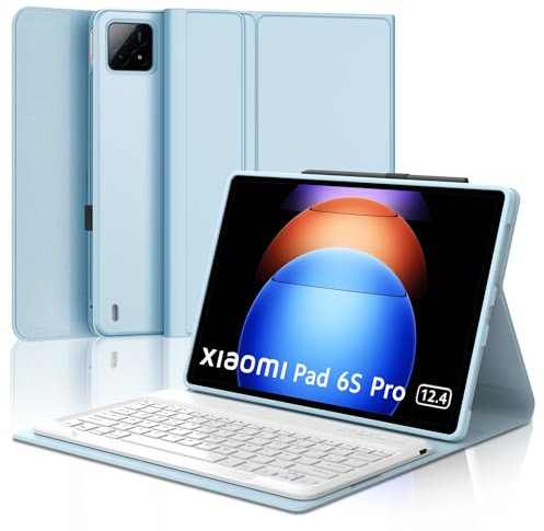 SENGBIRCH Funda con Teclado para Xiaomi Pad 6S Pro 12,4 2024 - Teclado Español Ñ Bluetooth Inalámbrico Extraíble para Tablet Xiaomi Pad 6S Pro 12,4 2024,Azul Claro