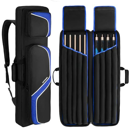 Jaffzora Billardqueue-Tasche für 4 x 5, Pool-Stick-Tragetasche für 4 Hintern und 5 Schäfte, Billardqueue-Tasche mit 14 Taschen und Schultergurten