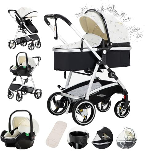 Gcarebb 3-in-1-Kinderwagen aus PU-Leder, Stadtkinderwagen mit Autositz, tragbarer Ein-Klick-Klappstock-Kinderwagen, Landschafts-Kinderwagen, hoher Aluminiumrahmen in Weiß