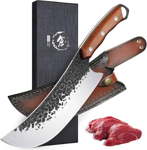 Purple Dragon Japanisches Messer, Handgeschmiedetes Fleischmesser mit Lederscheide, Ultra Scharfes ATS-34 Hackmesser, Kochmesser Profi Küchenmesser, Full Tang Metzgermesser für Küche und BBQ